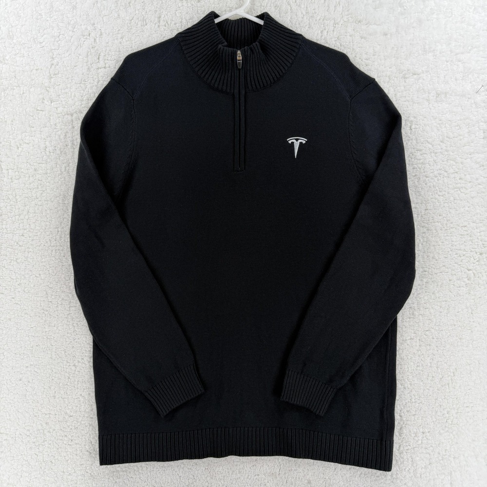 Tesla Sweater Mens Large Black Quarter‎ Zip Mock Neck Embroidered Logo Pullover